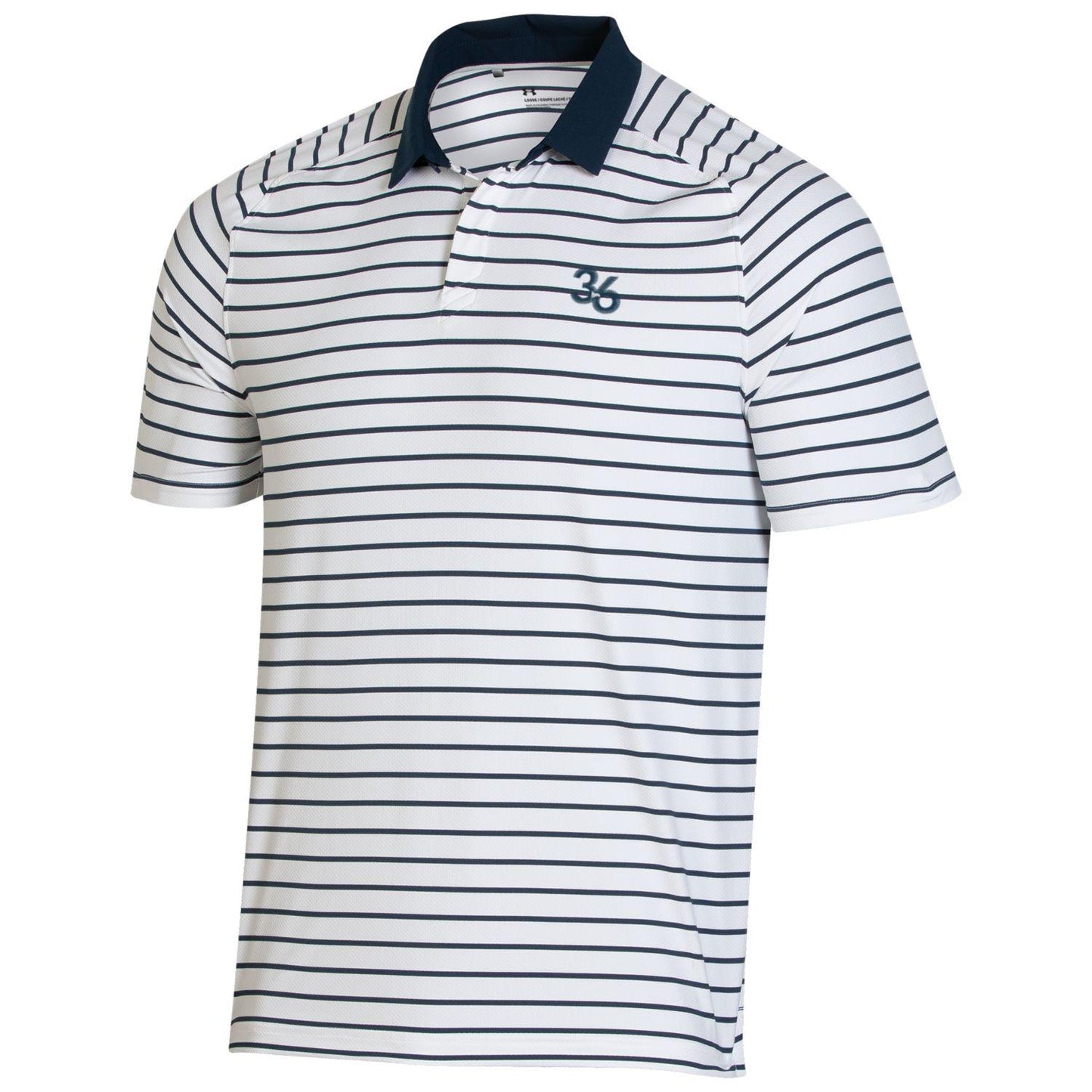 Mens White and Navy Stripes Golf Polo